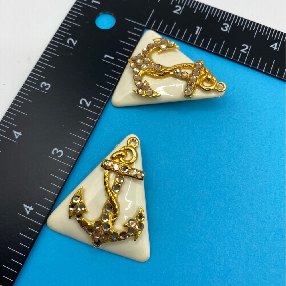 Vintage Anchor Rhinestones On Enameled Gold Tone Chunky Huge Earrings 80's Clips - Picture 3 of 7